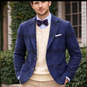 Giovani G Blue Plaid Men's Wool Blazer Sz 40 Preppy Bow Tie Professor Date
